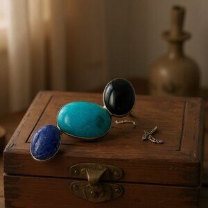 Modernist Sterling Silver Bezel Oval Turquoise Sodalite Onyx Cabochons Pin Brooc